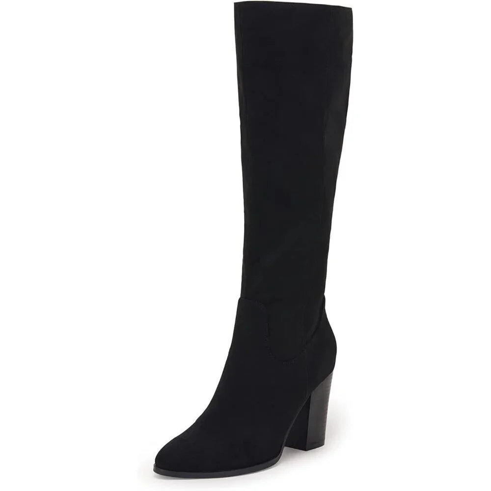 Women Faux Sueder Black Knee High Chunky Heel Side Zipper Stretch Winter Boot